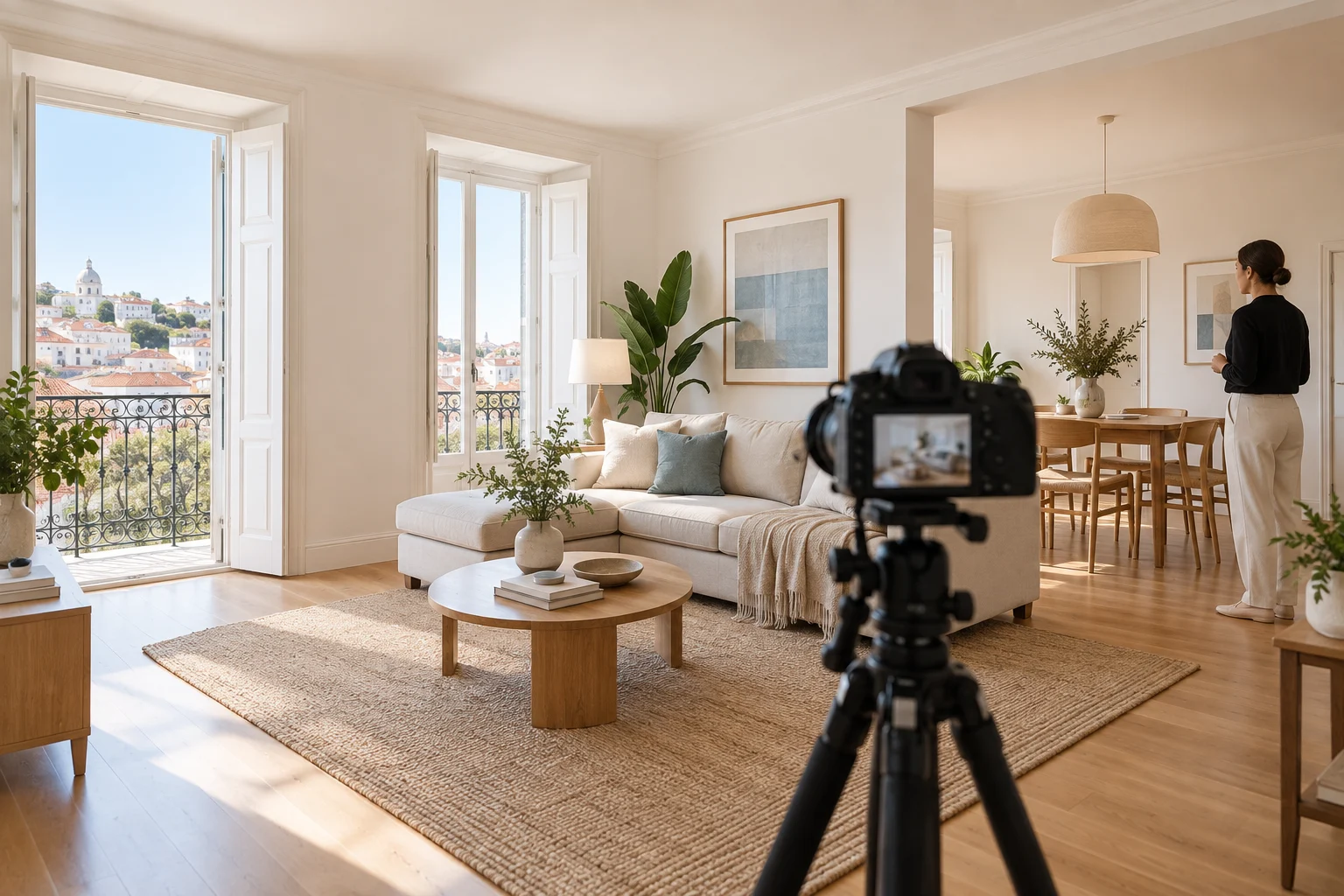 Preparação profissional de uma sala de estar para fotografias e visitas de home staging